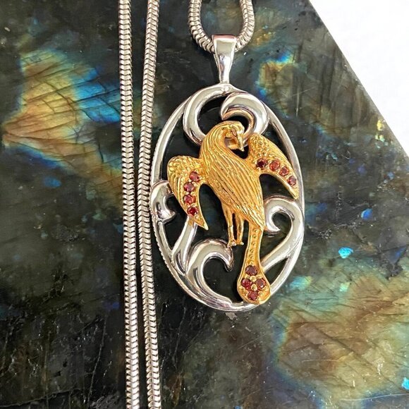 Sterling Silver 925 Gold Vermeil Bird Garnet Accent Oval Pendant Necklace 18